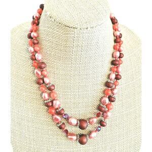 Vintage mid century double strand beaded necklace pinks reds romantic retro look